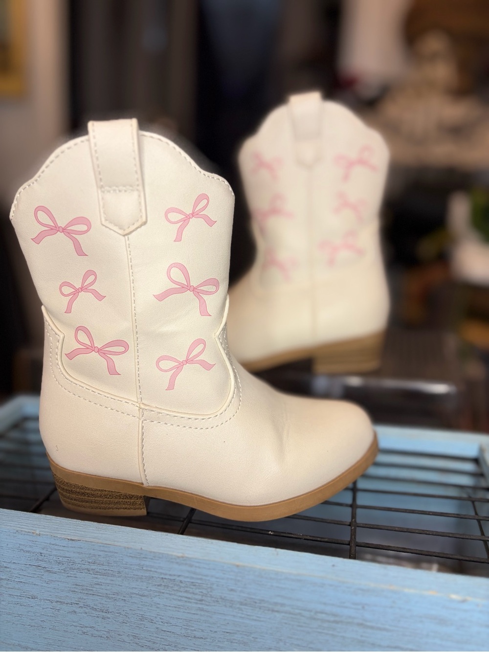 Wonder Nation Girls' White Pink Western Boots Bow Accents Block Heel Size 8